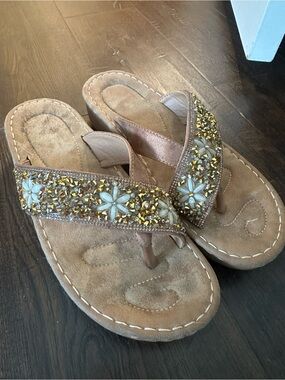 Embellished Brown Floral Thong Sandals for Women